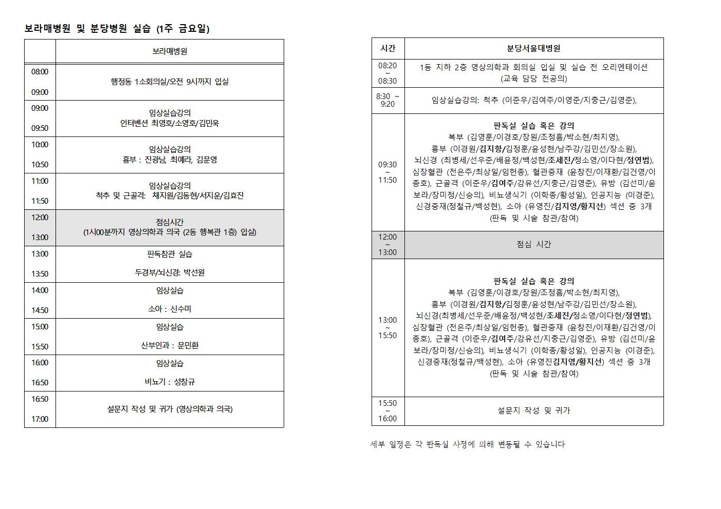 보라매병원 및 분당병원 실습 (1주 금요일)